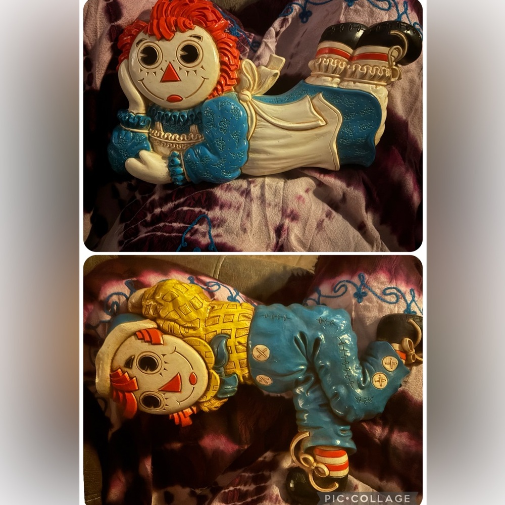 Raggedy Ann and Andy Set of Plastic Plaque Wall Decor:1977 Bobbs-Merrill $18